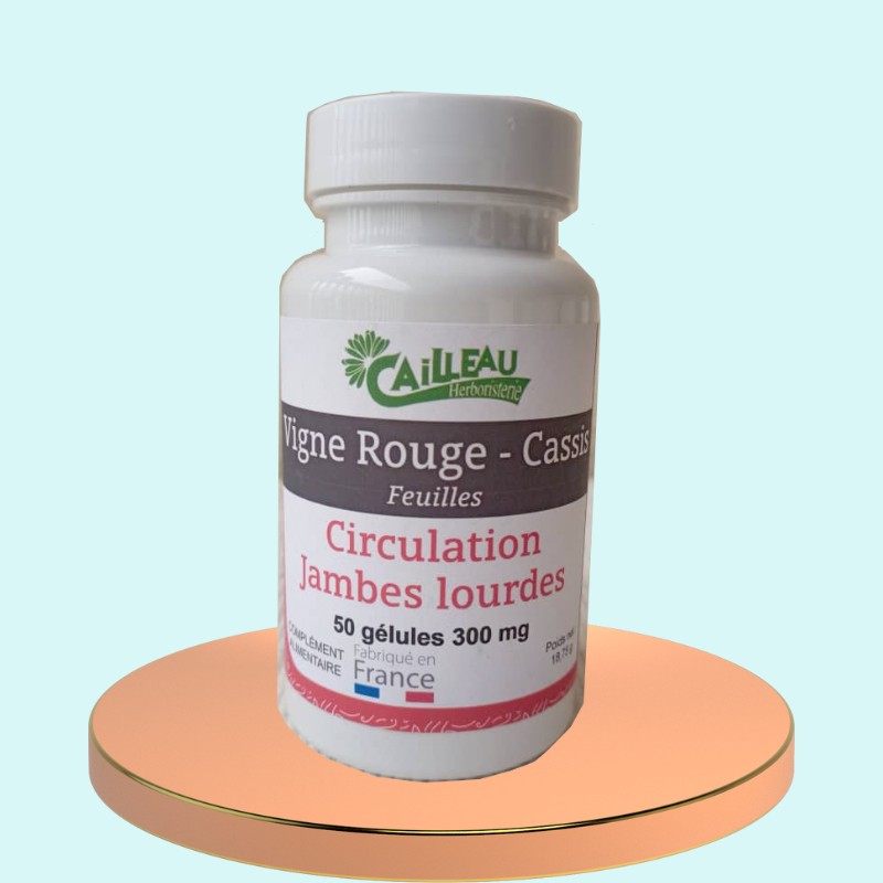 VIGNE ROUGE CASSIS - Circulation Veineuse - jambes lourdes - Varices. Dosage vigne rouge 240 mg, feuille de cassis 60 mg, Contenance 50 gélules.